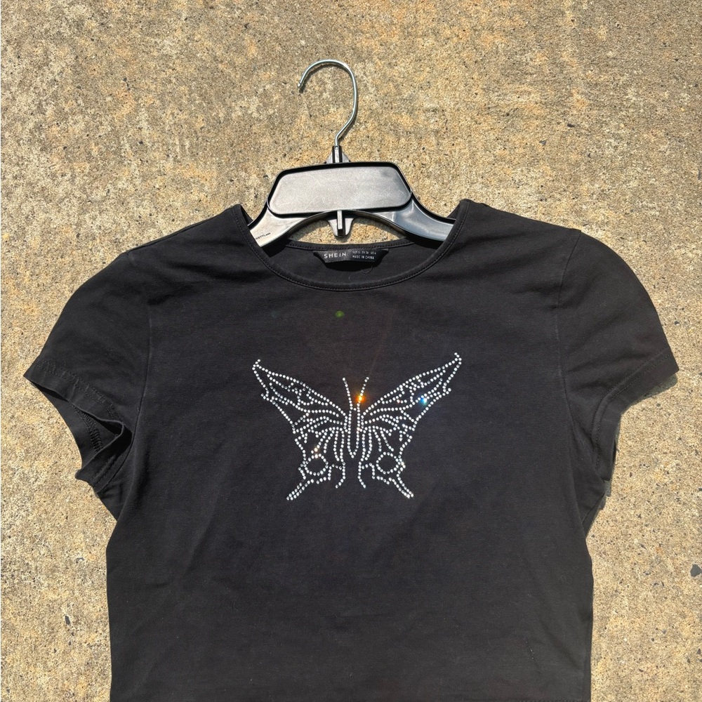 SHEIN Black Rhinestone Butterfly Crop Top